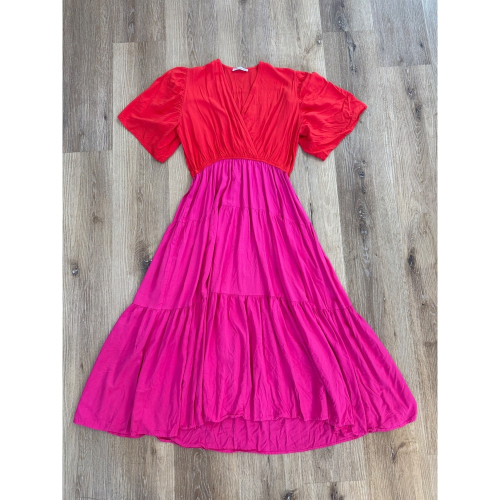 R.Vivimos Midi Dress Womens XL Red Pink Colorblock Tiered Boho V-Neck Excellent